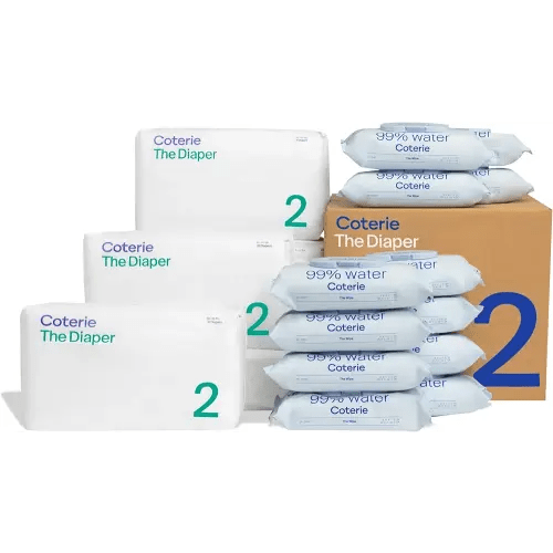 Coterie Baby Wipes + Diapers Kit, Size 2 Diapers (186 Count) & 12 Pack (672 Count) Baby Wipes with 99% Water, Plant Based Materials, Hypoallergenic for Sensitive Skin
