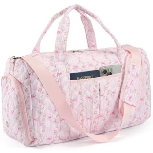 Quilted Cotton Floral Duffle Bag for Women, Cute Bow Weekender & Dance Bag, Gym Bag with Shoe & Wet Compartment, Carry-On Overnight Hospital Bag with Luggage Sleeve, Padded Strap