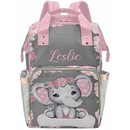 Newcos Personalized Baby Elephant with Blooming Rose Flowers, Diaper Bag Nursing Baby Bags Nappy Bag Casual Travel Daypack for Mom Gifts