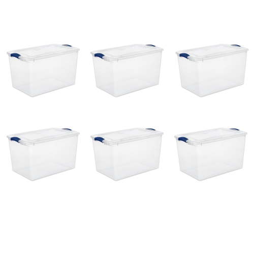 Sterilite Large Storage Bin, 66 Quart Clear Plastic Storage Container with Latch Lid, Blue, 6 Count