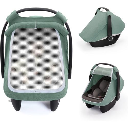 Blissful Diary Baby Car Seat Cover, Extra Large Mesh Window, Breathable Muslin Cotton, Infant Windproof Canopy, Must-Have Baby Gift - Roman Green