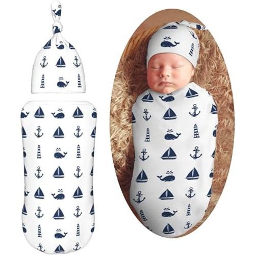 Sailboats and Navy Blue Whales Newborn Swaddle Blankets Hat Sets Soft Baby Receiving Blanket Swaddle Sack for Baby Shower Infant Boy Girl Gift