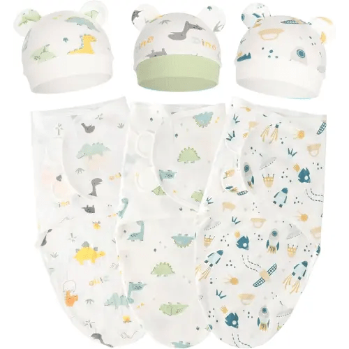 Baby Swaddle Sleep Sacks with Bear Ear Hats Cotton Adjustable Swaddle Blankets Wrap Nursery Swaddles for Newborns Boy Girl Infant 0-3 Months