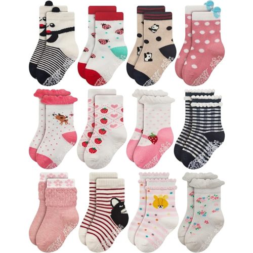 RATIVE Non Skid Anti Slip Cotton Dress Crew Socks With Grips For Baby Infant Toddler Kids Girls