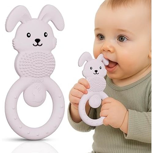 Bunny Teether Baby Teething Toys for Babies 3-12 Months, Silicone Teether Sensory Toys, Infant Baby Essentials, Safe Must Haves for Boys and Girls, Soothing Relief (Pink)