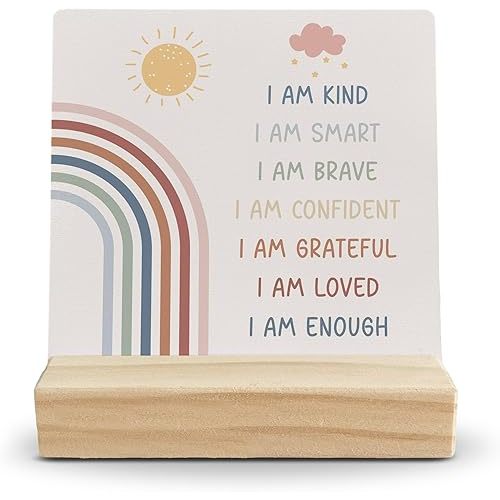 Inspirational Rainbow Desk Decor, Boho Wood Sign, Positive Affirmations Nursery Shelf, Motivational 'I Am Brave' Wooden Plaque With Stand for Kids Room