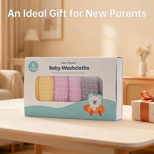 Organic Muslin Baby Washcloths 6 Pack Baby Bath Face Towel 12x12 Inch Extra Absorbent and Soft Burp Cloth and Wash Cloths for Newborn-Infants On Sensitive Skin (Yellow Pink Grey)