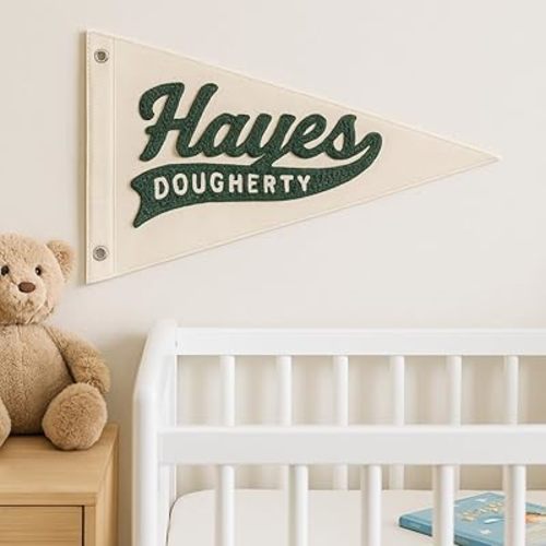 Custom Hand Embroidered Name Canvas Flag, Personalized Baby Name Hand-Stitched Banner Pennant for Nursery, Customized Embroidered Triangle Flag with Grommets for Baby Shower Birthday Party Wall Decor