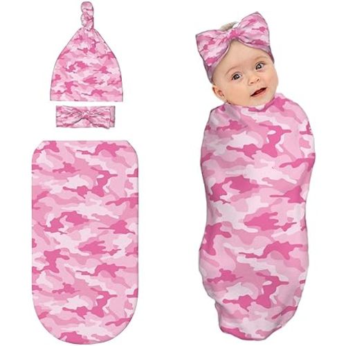 Camo Baby Stuff Newborn Pink Swaddle Blanket with Beanie Hat and Headband Set,Baby Swaddle Blanket Gifts for Infant Shower Boys Girls