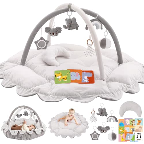 5-in-1 Plush Baby Play Gym, Baby Play Mats, Convertible Baby Gym with Pillow, Tummy time mat, 6 Sensory Toys, Baby Activity Center from Newborn to Toddler, Pet Bed, Ball Pit, Circular Grey