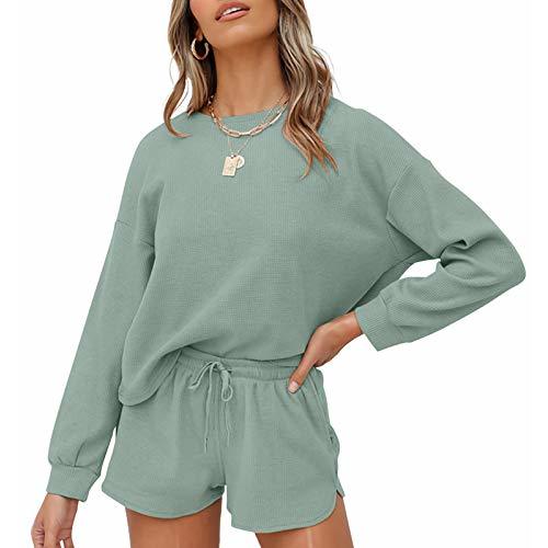 ZESICA Women's Waffle Knit Long Sleeve Top and Shorts Pullover Nightwear Lounge Pajama Set with Pockets