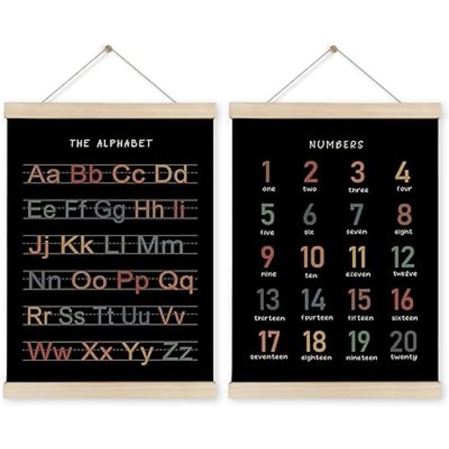 HRQKO Alphabet Numbers Poster Hanger Frame Set of 2, Black Nursery Wall Decor, ABC Poster Wall Art with Wooden Frames, Boho Alphabet Banner Wall Hanging Decor for Toddler Playroom, 12x16 Inch