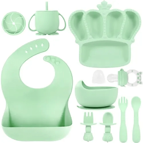 Silicone Baby Feeding Set, 10 Pcs Baby Led Weaning Supplies Suction Bowl Divided Plate Baby Bibs Fruit feeder Pacifier Baby Spoons Forks Sippy Cup Utensil Sets Baby Essentials for Newborn Gift Green