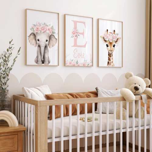Personalized Floral Safari Animal Nursery Prints: Girl Room Decor, Set of 3