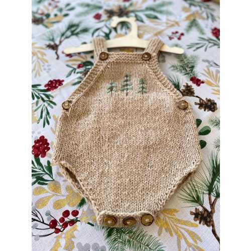 Hand-Knitted Baby Romper: Woodland Embroidery, Eco Buttons
