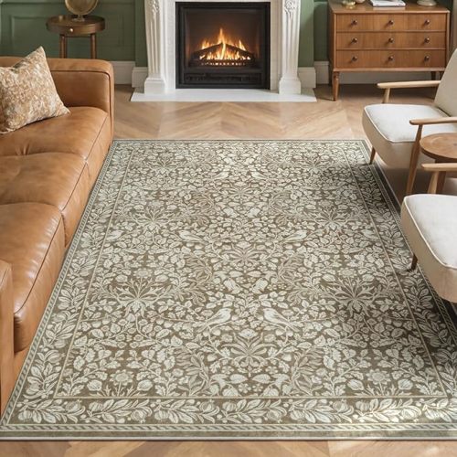 LIVEBOX Washable 5x7 Area Rugs for Living Room Neutral Vintage Floral, Non Slip Beige Botanical Birds Rugs for Bedroom, Large Soft Low Pile Carpet for Dining Room Decor (Neutral Beige,5'x7')