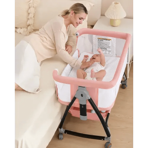 Bedside Bassinet for Baby, 3 in 1 Breathable Mesh Baby Bassinet, 6 Height Adjustable, Easy to Fold, Bassinet Bedside Sleeper with Wheels, Mosquito Net, Storage Basket, Rocking Bassinet for Baby, Pink