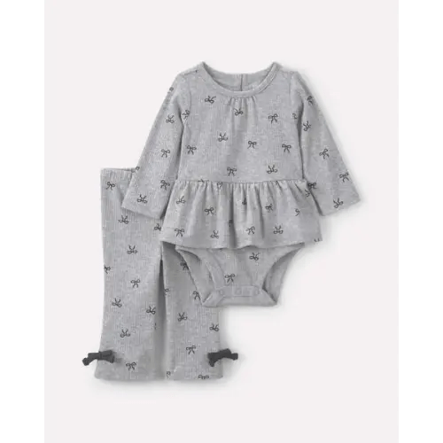 Baby Girl 2-Piece Ribbed Bow Long-Sleeve Bodysuit & Pant Set - Grey | Carter's
