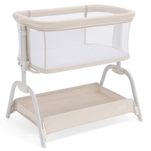 HARPPA Cuddly Bassinet, 2 in 1 Baby Bassinet with Breathable Mesh and Mattress, 6 Height Adjustable, Bedside Sleeper with Anchor Strap, Storage Basket and Wheels, Beige