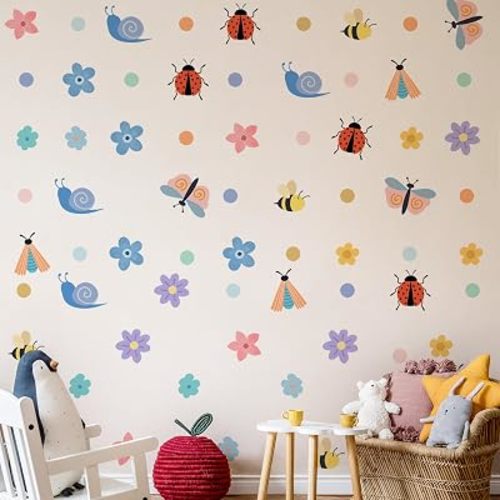 Colorful Insect Wall Stickers for Kids – Removable Vinyl Butterfly & Bug Decals, Bees, Ladybugs, Caterpillars, Flowers – Cute Cartoon Nursery, Playroom, Living Room Decor
