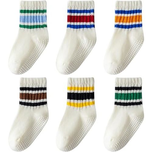 Toddler Grip Socks with Non-Slip, Unisex Baby Retro Stripe Seamless Crew Ankle Cotton Socks for Girls Boys 6 Pairs