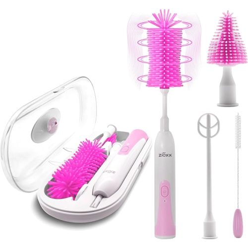 Electric Bottle Brush Cleaner New Upgrade, Portable Electric Baby Bottle Brush Cleaner for Travel, Travel Bottle Cleaner Kit with Nipple & Straw Brush, Perfect Mom Essentials After Birth Gift, Pink