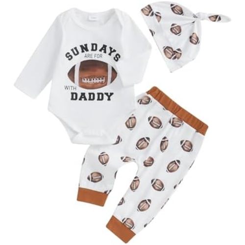 Baby Boy Football Outfits Sundays are for with daddy Letter Print Bodysuit Romper Rugby Legging Pants Hat 3pcs Set