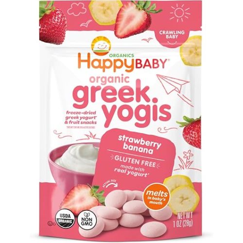Happy Baby Organics Baby Snacks, Greek Yogis, Freeze Dried Yogurt & Fruit Snacks, Gluten Free Snack for Babies 9+ Months, Strawberry & Banana, 1 Ounce