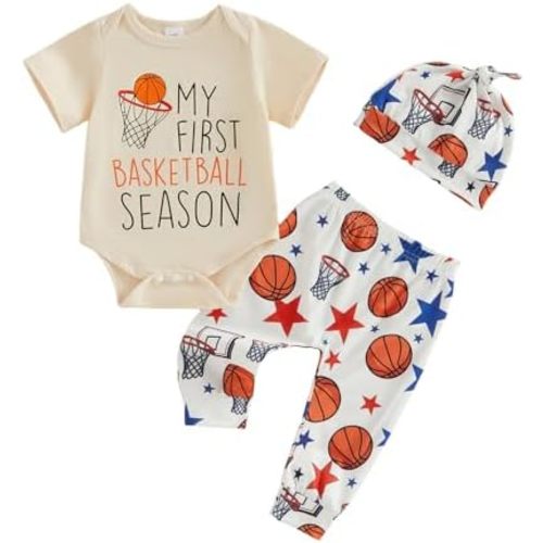 Newborn Infant Baby Boy Summer Clothes Short Sleeve Romper + Basketball Pants + Hat 3Pcs Game Day Outfit