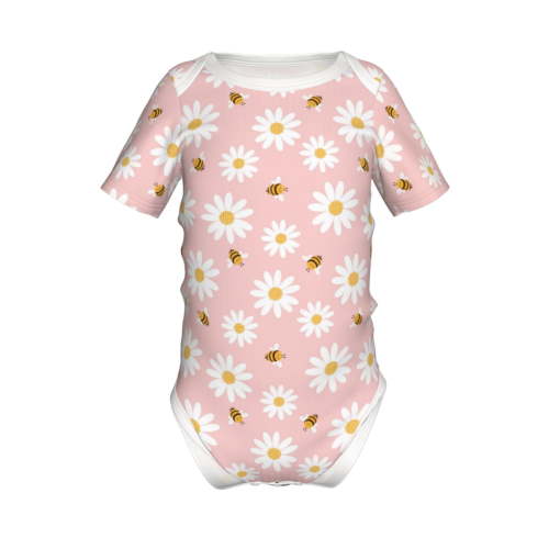 Xecao Daisy And Bee Pattern Baby Climbing Bodysuit Short Sleeve Onesie Unisex 0-12 Months Baby Shirt Newborn Outfits Crotch snap design-9M