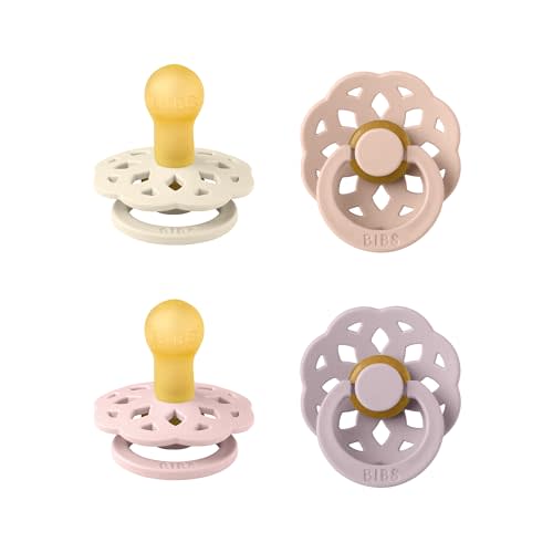 BIBS Boheme Pacifier, 0-6 Months, 4-Pack, Round Nipple, Ivory Mix | Natural Rubber Latex | Size 1 | BPA-Free | Made in Denmark | High Nipple Acceptance | Airflow Holes | Comfort Shield