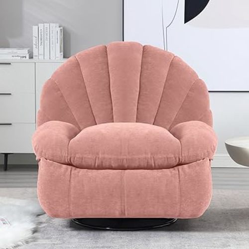 Recliner Chair Rocker Swivel, Comfortable Soft Fabric Shell Shape with Storage 360 Swivel Manual Big Tall Single Reclining Sofa for Adults Living Room Bedroom (NMH-Pink)
