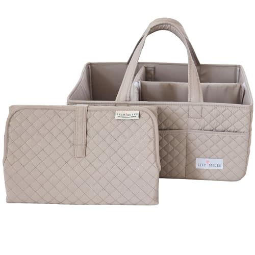 Lily Miles Quilted Diaper Caddy Organizer with Matching Changing Pad - Soft Sand