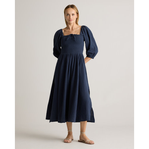 100% Organic Cotton Gauze Smocked Square Neck Midi Dress in Khaki Gingham