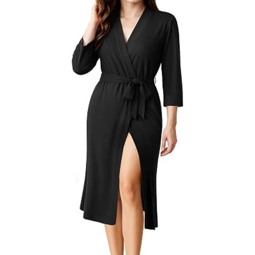 Cotton Blend Knit Robe for Women 3/4 Sleeves Kimono Bathrobe