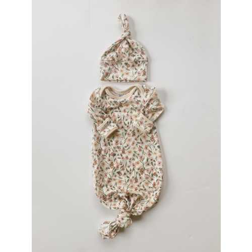 Cotton Knit Baby knitted gown and hat, knotted gown newborn, coming home outfit, floral outfit, baby one piece, baby girl gift, baby clothes
