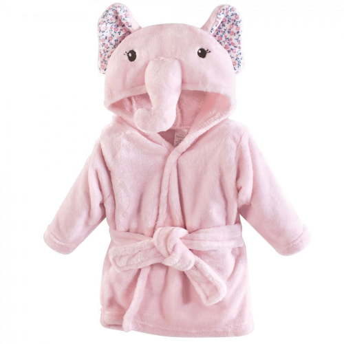 Little Treasure Baby Girl Plush Bathrobe, Floral Elephant, 0-9M