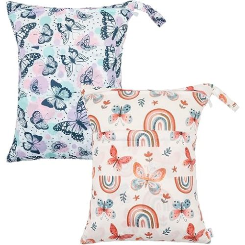 ALVABABY 2 pcs Cloth Diaper Wet Dry Bags Waterproof Reusable with Two Zippered Pockets Travel Beach Pool Daycare Soiled Baby Items Yoga Gym Bag for Swimsuits or Wet Clothes 2LM26