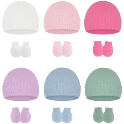 Stretchy Baby Hats and Mittens, Ribbed Neutral Newborn No Scratch Gloves Beanie Hospital Hat Set for Girls Boys