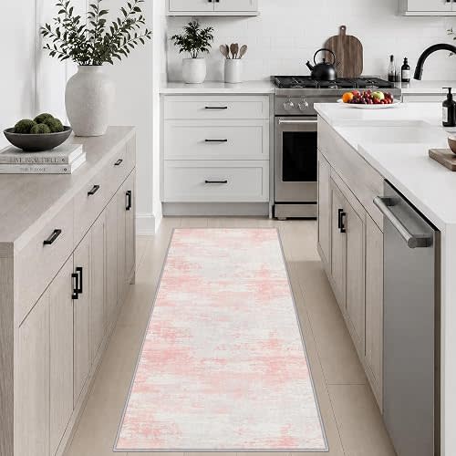 2x5 Washable Runner Rug：Modern Abstract Soft Carpet Pink White