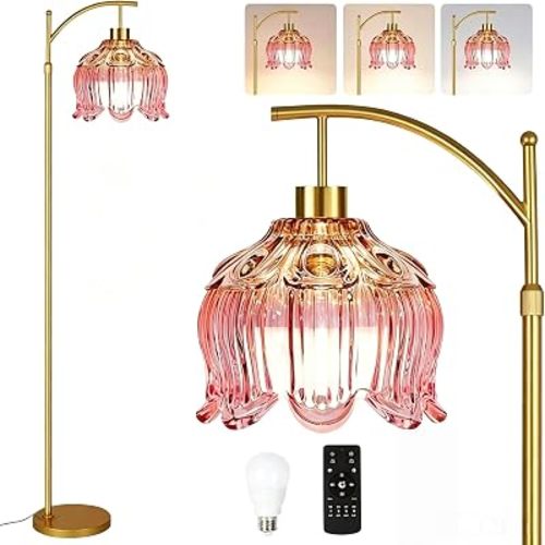 QIYIZM Pink Floor Lamp for Living Room,Bedroom,Glass Gold Dimmable Standing Lamp with Remote,Mid Century Modern Brass Tall Lamp Boho Floor Lamps Arc Stained Tulip Flower Floor Light Lamp Bohemian