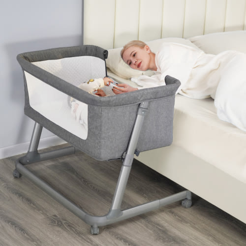 Pamo Babe Unisex Infant Bedside Sleeper Bassinet with Wheels and Folding Frame for Newborn (Grey)
