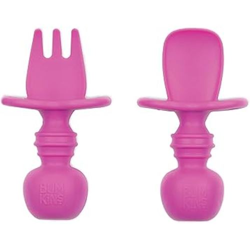 Bumkins Baby Utensils Set, Chewtensils Silicone Spoons for Dipping, Self-Feeding, Baby Led Weaning, Trainer Learning, First Stage Eating, Soft Practice Fork and Spoon, Babies 6 Months, Fuchsia
