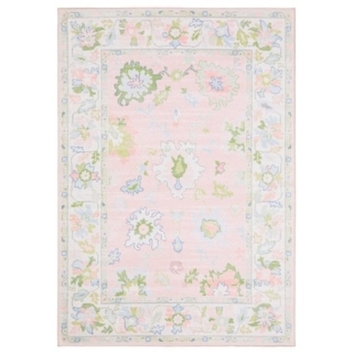 Addison Traditional Bordered Floral Pink/ Green Printed Washable Flat Pile Area Rug