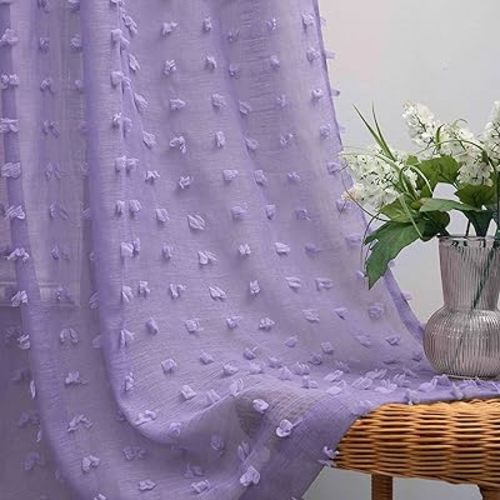 KOUFALL Cute Purple Sheer Curtains 63 Inch Length for Girls Bedroom Decor 2 Panels Back Tab Rod Pocket Pom Pom Tufted Texture for Nursery Kids Baby Room Living Room,Light Lilac Lavender