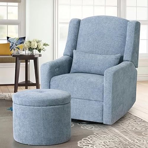 Power Recliner Chair Swivel Glider, Large Nursery Glider with Ottoman & USB Charging Port, Chenille Upholstered Rocker Glider Recliner for Nursery,Living Room, Blue