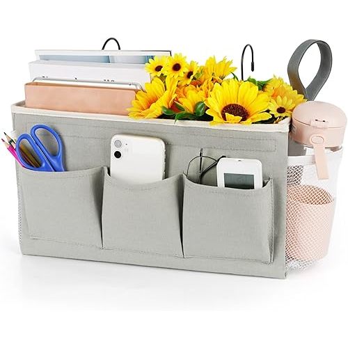 Loghot Bedside Caddy/Bedside Storage Bag Hanging Organizer for Bunk and Hospital Beds,Dorm Rooms Bed Rails,Can be Placed Glasses,Books,Mobile Phones,Keys (New Grey)
