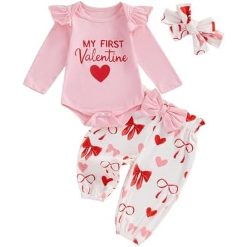 Lamuusaa Newborn Baby Girl Valentines Day Outfit My First Valentine Ruffle Romper Bow Print Long Pants Headband Spring Outfit