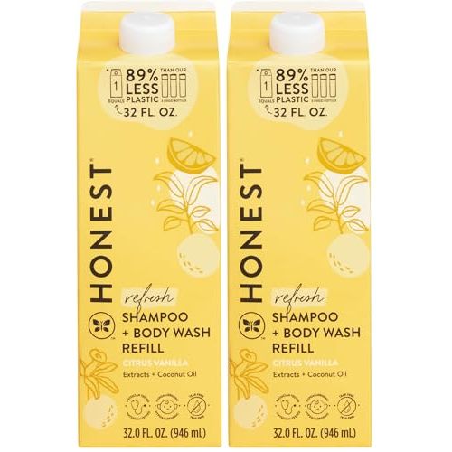 The Honest Company 2-in-1 Cleansing Shampoo Body Wash Refill Carton, Gentle for Baby, Naturally Derived, Tear-free, Hypoallergenic, Citrus Vanilla Refresh, 32 fl oz, (Pack of 2)