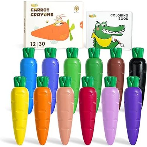 12 Colors Crayons for Toddlers 1-3, Non Toxic Beeswax Carrot-Shaped Toddler Crayons with 30-Page Coloring Book and 120 PDF Pages, Mess-Free Coloring for Kids Ages 2-4 4-8 Art Supplies Gift